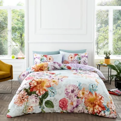 Dunelm Hyperion Interiors Amaranth Floral 100% Cotton Duvet Cover & Pillowcase Set Purple