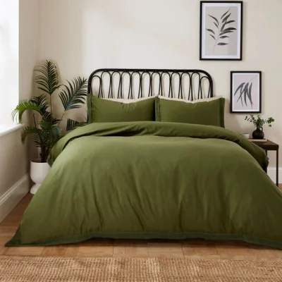 Dunelm Ludlow Washed Cotton Duvet Cover and Pillowcase Set Olive (Green)