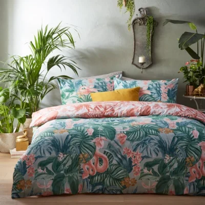 Dunelm furn. Medinilla Sage Duvet Cover & Pillowcase Set Green/Pink/Yellow