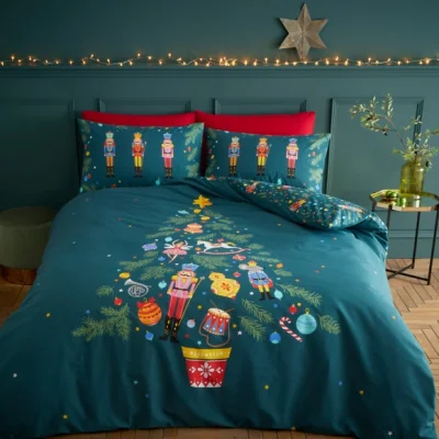 Dunelm Catherine Lansfield Christmas Nutcracker Reversible Green Duvet Cover & Pillowcase Set Green