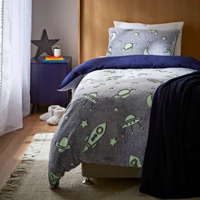Dunelm Stars Navy Glow In The Dark Fleece Duvet Cover and Pillowcase Set Navy