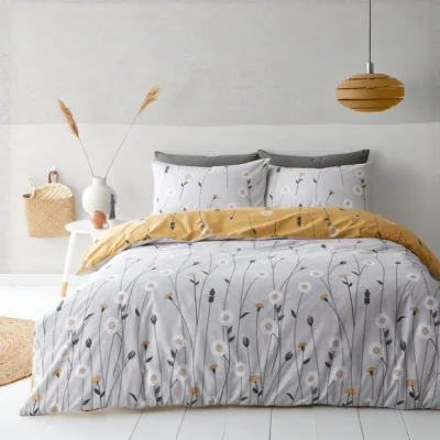 Dunelm Scandi Floral Grey Duvet Cover and Pillowcase Set Grey/Yellow/White