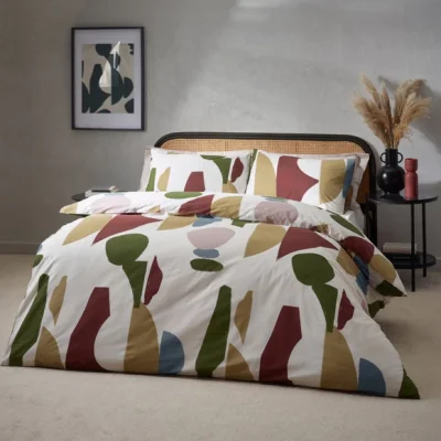 Dunelm HÖEM Meta Cotton Rich Duvet Cover & Pillowcase Set, Brown/White/Green
