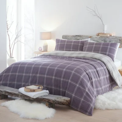 Dunelm Aviemore Checked Duvet Cover and Pillowcase Set Heather Heather (Purple)