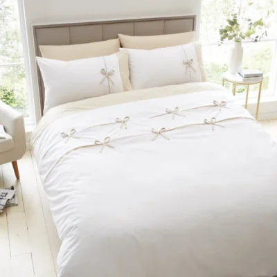 Dunelm Catherine Lansfield Milo Bow Natural Duvet Cover and Pillowcase Set Natural