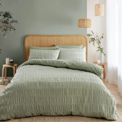Dunelm Catherine Lansfield Seersucker Sage Green Duvet Cover and Pillowcase Set Sage