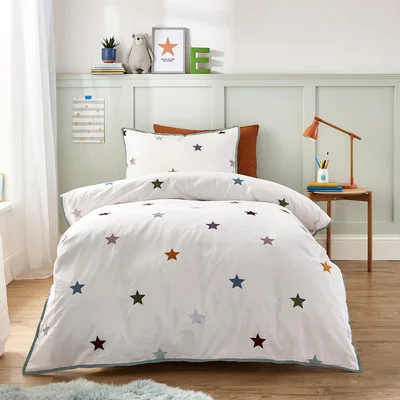 Dunelm Embroidered Stars Single Duvet Cover and Pillowcase Set White