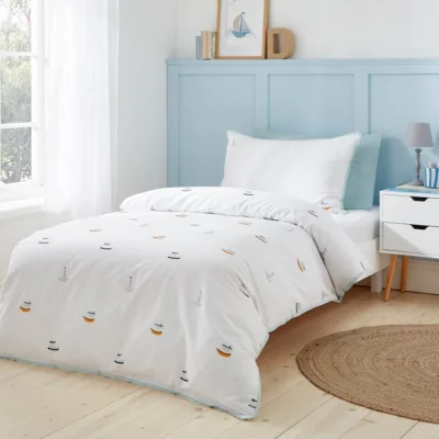 Dunelm Embroidered Boats Cotton Quilt Cover and Pillowcase Set