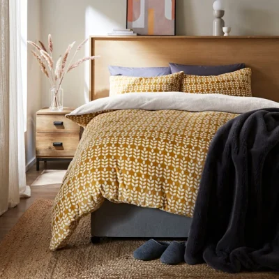 Dunelm Vete Ochre Printed Fleece Duvet Cover and Pillowcase Set Ochre