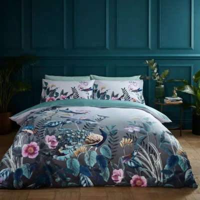 Dunelm Peacock Gardenia Grey 100% Cotton Duvet Cover and Pillowcase Set Grey