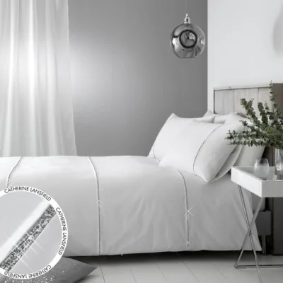 Dunelm Catherine Lansfield Sparkle Bands Duvet Cover & Pillowcase Set White