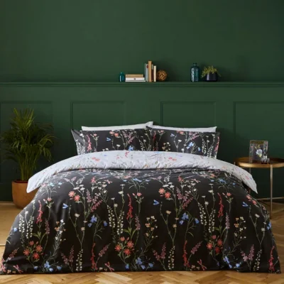 Dunelm furn. Floral Trail Black Duvet Cover & Pillowcase Set Black/Pink/Green