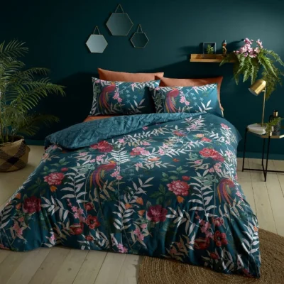 Dunelm Catherine Lansfield Tropical Floral Birds Reversible Green Duvet Cover & Pillowcase Set Green