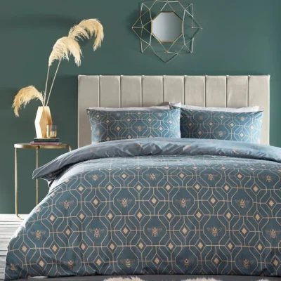 Dunelm Furn. Bee Deco French Blue Duvet Cover and Pillowcase Set Blue/Beige