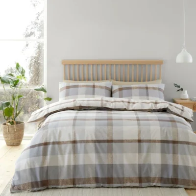Dunelm Catherine Lansfield Reversible Check 100% Brushed Cotton Duvet Cover & Pillowcase Set Natural