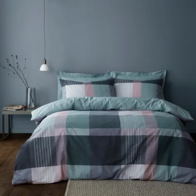 Dunelm Acton Check Teal Duvet Cover and Pillowcase Set Green/Pink/White