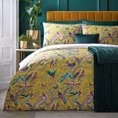 Dunelm Birdity Absurdity Yellow Cotton Duvet Cover and Pillowcase Set Yellow