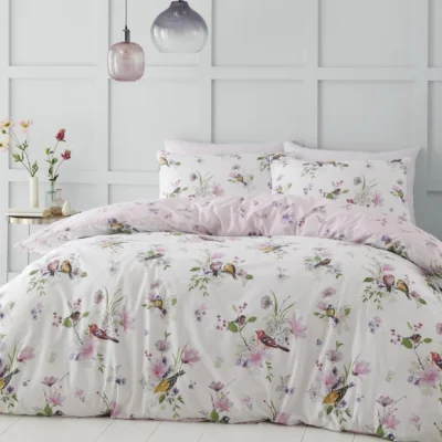 Dunelm Catherine Lansfield Songbird Pink Reversible Duvet Cover & Pillowcase Set Blush (Pink)