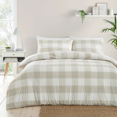 Dunelm Fusion Seersucker Gingham Duvet Cover and Pillowcase Set Natural