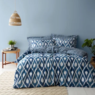 Dunelm Ayla Ikat Blue 100% Cotton Duvet Cover and Pillowcase Set Blue/White