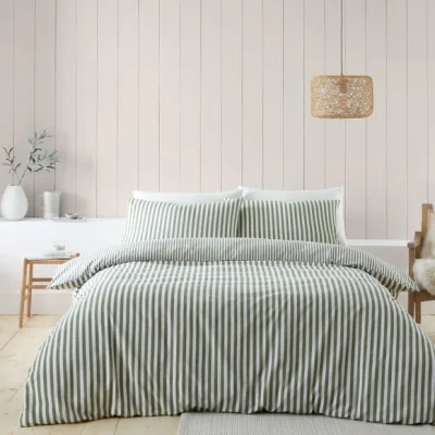 Dunelm Catherine Lansfield Reversible Stripe 100% Brushed Cotton Duvet Cover & Pillowcase Set Green