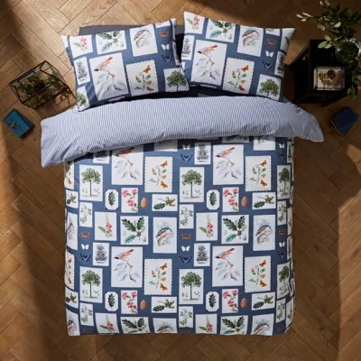 Dunelm Woodland Blue 100% Cotton Duvet Cover and Pillowcase Set Blue/White/Green