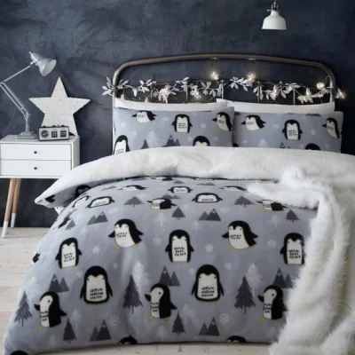 Dunelm Catherine Lansfield Cosy Penguin Fleece Duvet Cover and Pillowcase Set Grey
