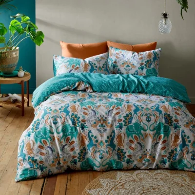 Dunelm Pineapple Elephant Carnival Ani 100% Cotton Duvet Cover & Pillowcase Set Teal (Blue)
