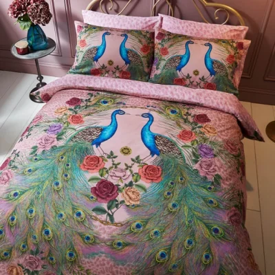Dunelm Matthew Williamson Xanadu Peacock 200 Thread Count Cotton Pink Duvet Cover and Pillowcase Set Pink