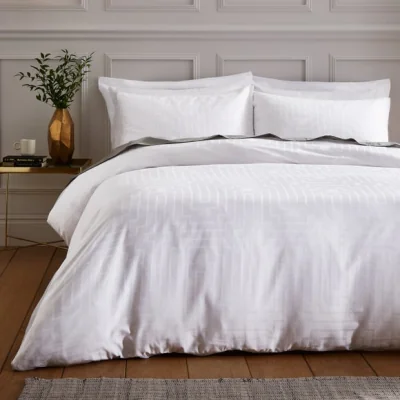 Dunelm Bianca Satin Geo Jacquard 100% Cotton White Duvet Cover & Pillowcase Set White
