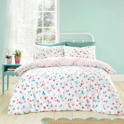 Dunelm Catherine Lansfield Strawberry Garden White Red Duvet Cover and Pillowcase Set Red
