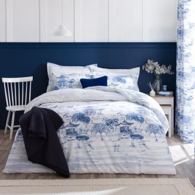 Dunelm Modern Chinoiserie Duvet Cover & Pillowcase Set Blue