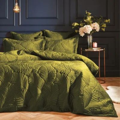 Dunelm Paoletti Palmeria Moss Embroidered Reversible Duvet Cover and Pillowcase Set Moss Green