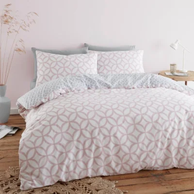 Dunelm Catherine Lansfield Geo Trellis Reversible Pink Duvet Cover & Pillowcase Set Pink