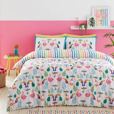 Dunelm Fusion Tropical Flamingo Reversible Duvet Cover and Pillowcase Set Pink