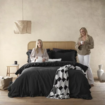 Dunelm Style Sisters Ruffle Frill 100% Cotton Duvet Cover & Pillowcase Set Black