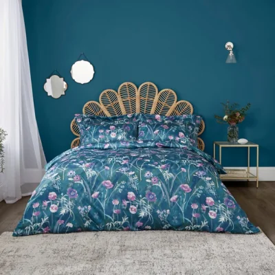 Dunelm Poppy Garden Duvet Cover and Pillowcase Set Green/Purple