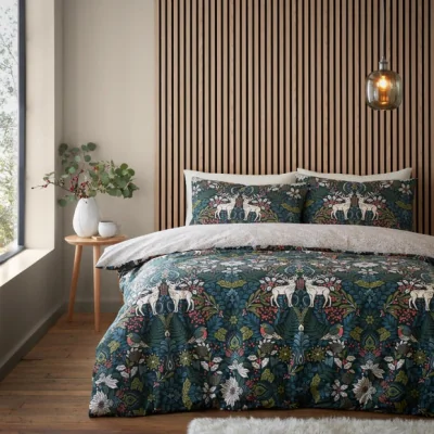 Dunelm Catherine Lansfield Majestic Stag Reversible Green Duvet Cover & Pillowcase Set Green