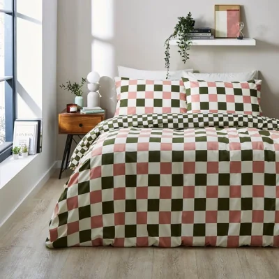 Dunelm Cleo Checked Green Duvet Cover & Pillowcase Set Olive (Green)
