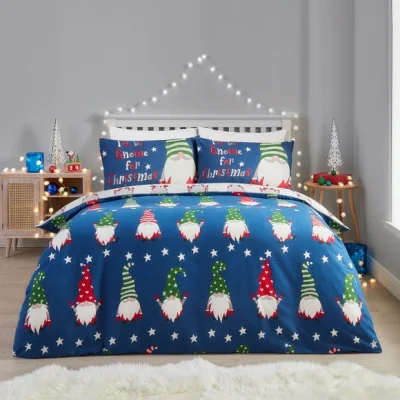 Dunelm Fusion Gnome For Christmas Navy 100% Brushed Cotton Duvet Cover & Pillowcase Set Blue