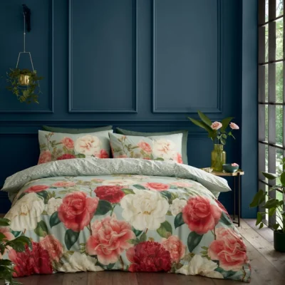 Dunelm RHS Rose Garden 200 Thread Count Green Cotton Reversible Duvet Cover and Pillowcase Set Green