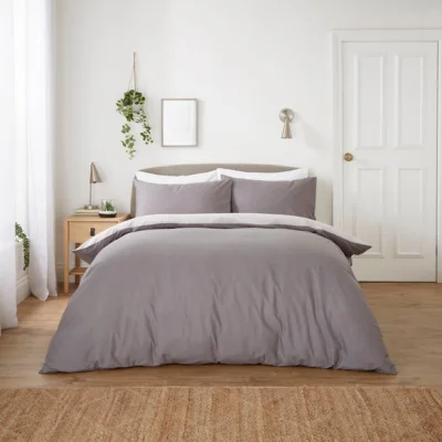 Dunelm Plain Dyed Reversible Duvet Cover and Pillowcase Set Grey Grey