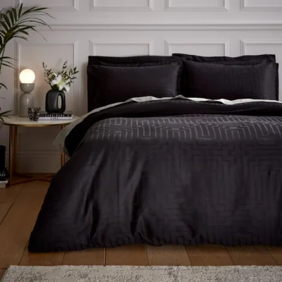 Dunelm Bianca Satin Geo Jacquard 100% Cotton Black Duvet Cover & Pillowcase Set Black