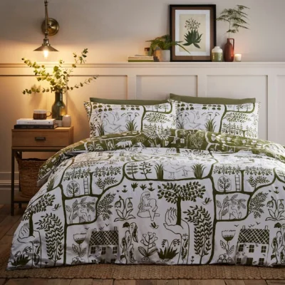 Dunelm furn. Frida Duvet Cover & Pillowcase Set Green/White