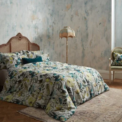 Dunelm EW by Edinburgh Weavers Morton Floral Teal 100% Cotton Sateen Duvet Cover & Pillowcase Set Green