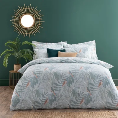 Dunelm Tropical Pastel Bird Duvet Cover and Pillowcase Set Green/White/Pink