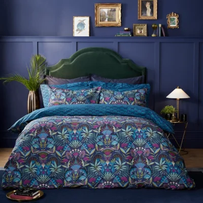 Dunelm Lucille Navy Duvet Cover and Pillowcase Set Navy Blue/Pink/Green