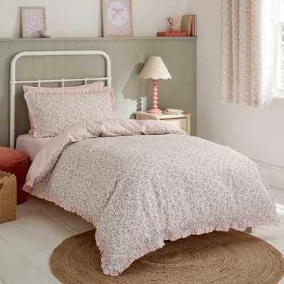 Dunelm Ditsy Blooms Frill 100% Cotton Quilt Cover and Pillowcase Set