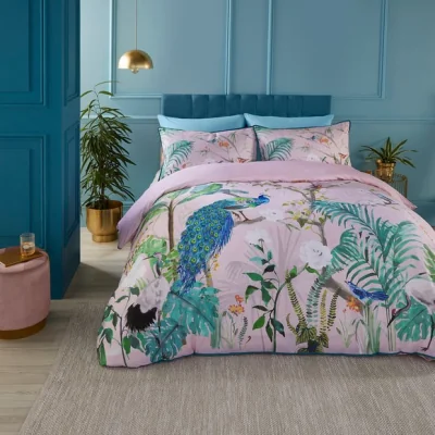 Dunelm Soiree Peacock Jungle 200 Thread Count Cotton Duvet Cover and Pillowcase Set Pink