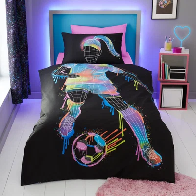 Dunelm Football Graphic Girls Single Duvet Cover and Pillowcase Set Black
